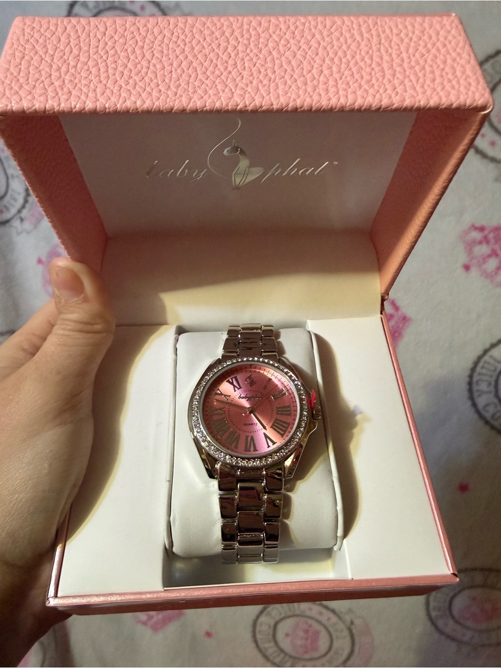 Baby Phat Silver Bracelet Watch with Pink Dial and Crystal Bezel